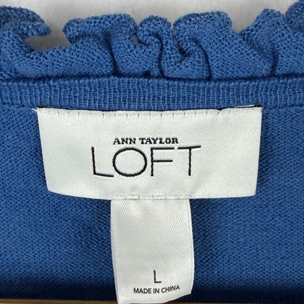 Ann‎ Taylor LOFT Blue Linen Cotton Ruffle Trim 3/4 Sleeve Cardigan Sweater L NEW - Picture 6 of 10